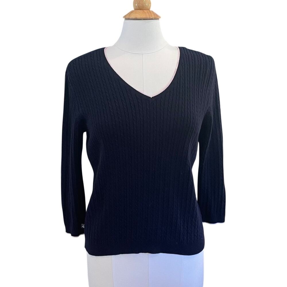Lauren Ralph Lauren Navy Blue Cable Knit V-Neck Sweater, Minimalist, Size M